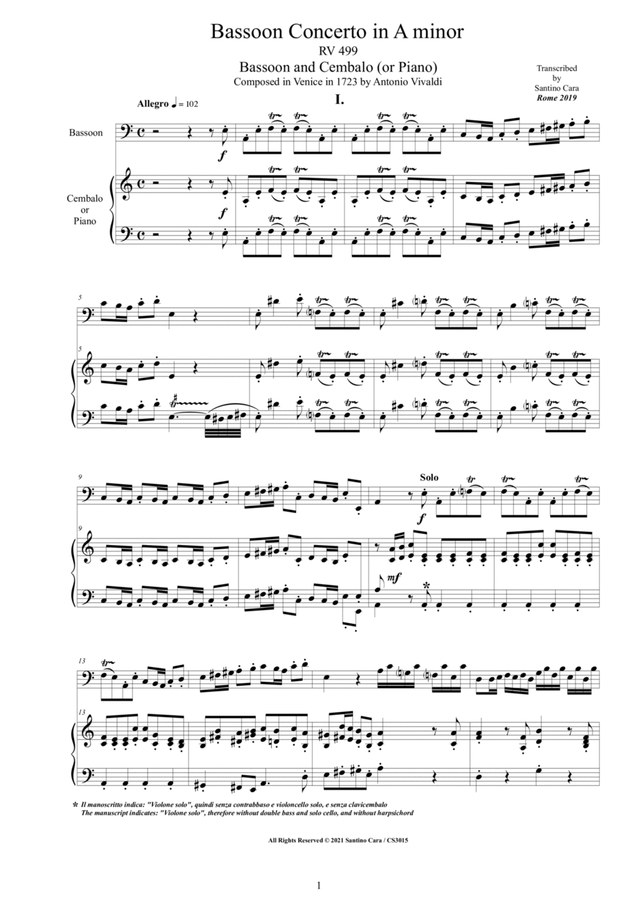 Vivaldi - Bassoon Concerto in A minor RV 499 for Bassoon and Cembalo (or Piano) - Score and Part Bassoon Solo scores gallery preview page 1