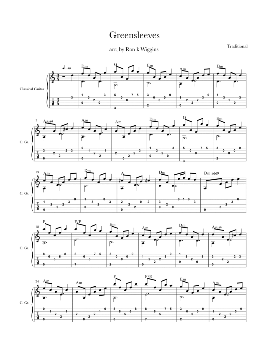 Greensleeves- Classical Guitar Acoustic Guitar scores gallery preview page 1