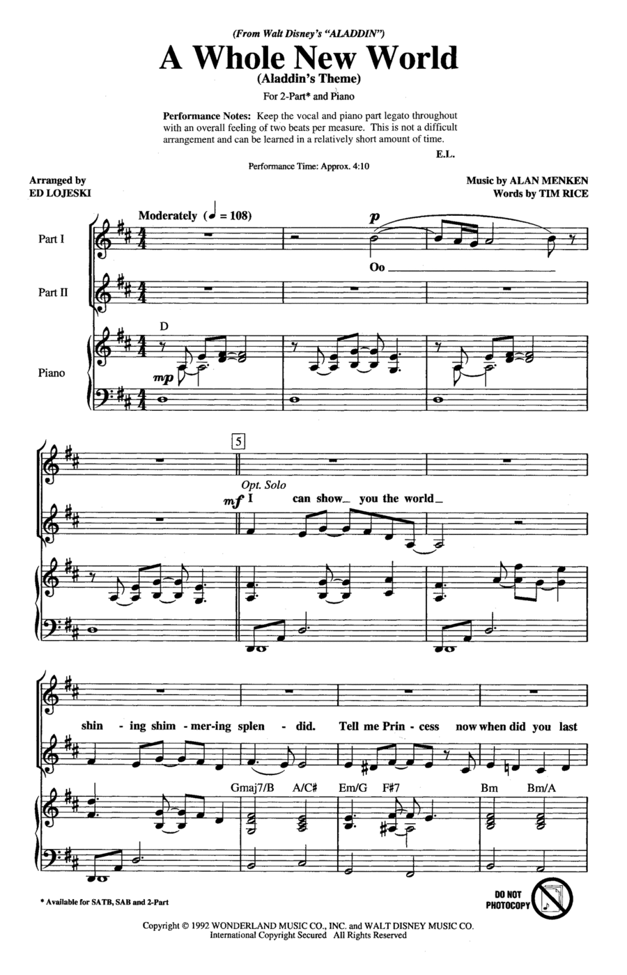 A Whole New World (from Aladdin) (arr. Ed Lojeski) 2-Part scores gallery preview page 1
