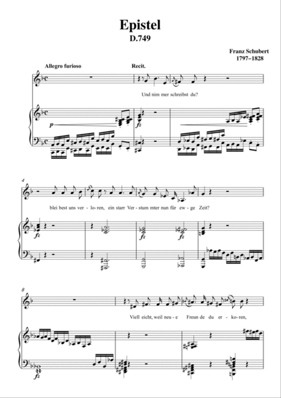 Schubert-Epistel(Herrn Joseph Spaun) in d minor,D.749,for Vocal and Piano Voice scores gallery preview page 2