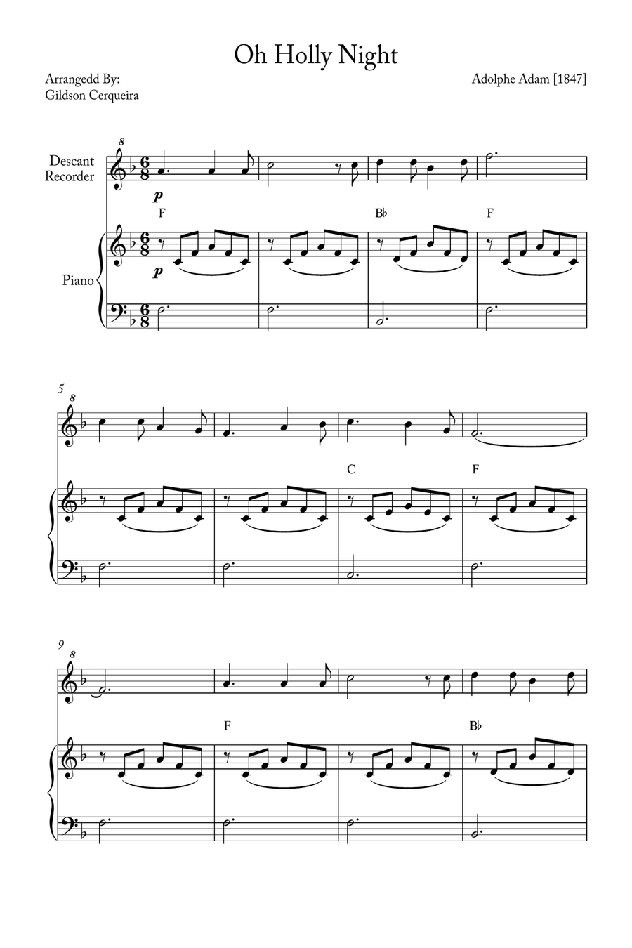 Oh Holy night Soprano Recorder scores gallery preview page 1