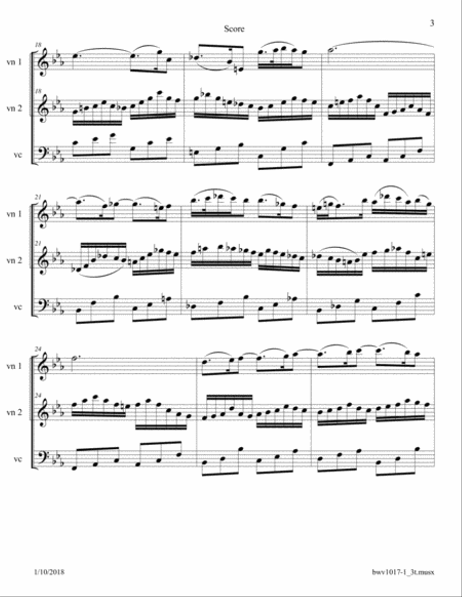 Bach: Violin and Piano Sonata BWV 1017, First Movement (Siciliano) Arr. for 2 Violins and Cello String Trio scores gallery preview page 3