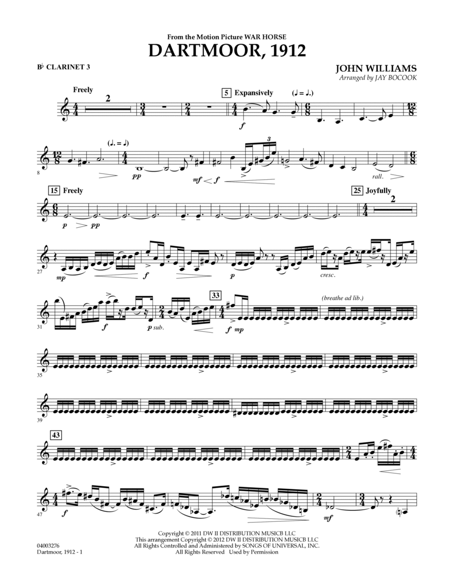 Dartmoor, 1912 (from War Horse) - Bb Clarinet 3 Concert Band scores gallery preview page 1