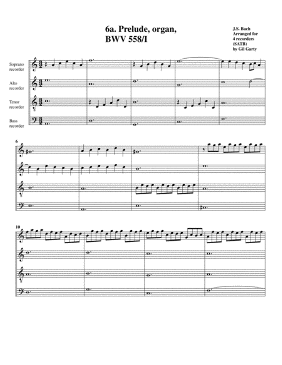 Prelude and fugue BWV 558 (arrangement for 4 recorders) Recorder scores gallery preview page 1