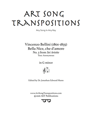 Book cover for BELLINI: Bella Nice, che d'amore (transposed to G minor)