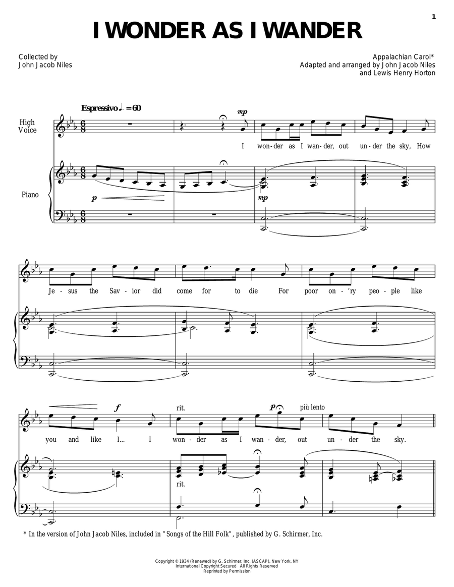 I Wonder As I Wander Piano, Vocal scores gallery preview page 1