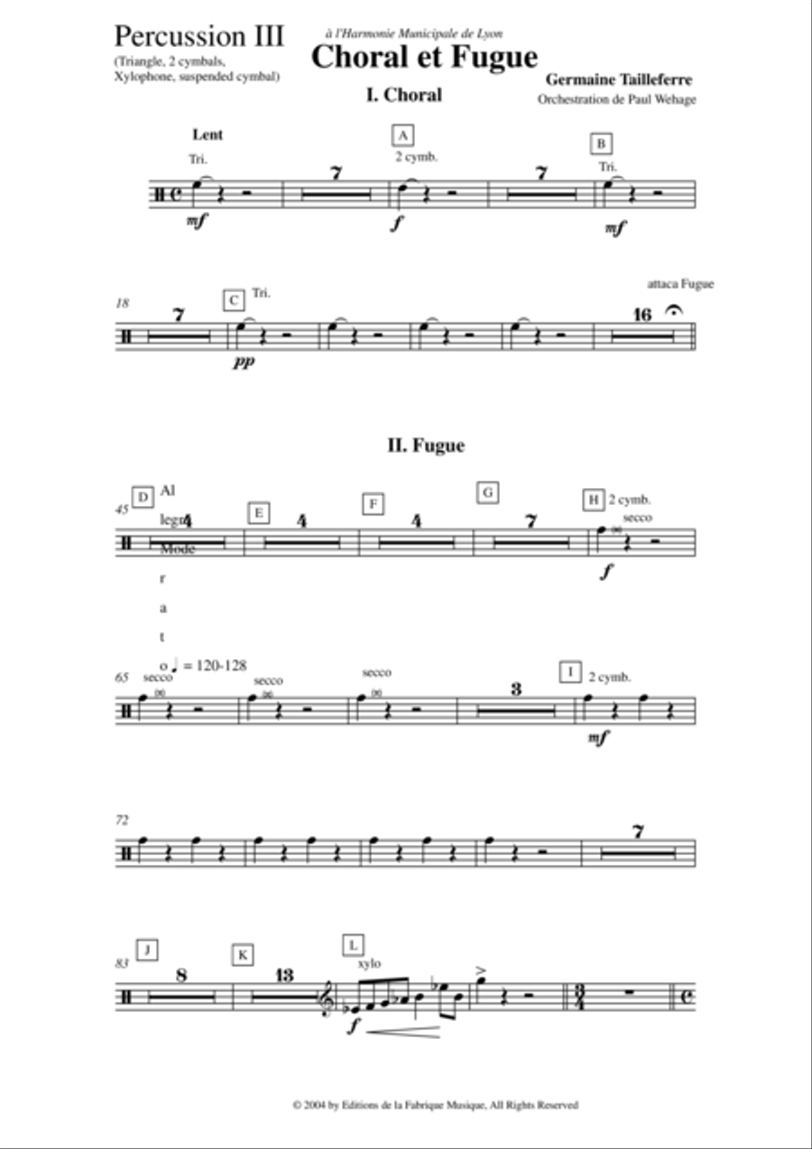 Germaine Tailleferre : Choral et Fugue, arranged for concert band by Paul Wehage - percussion 3 part