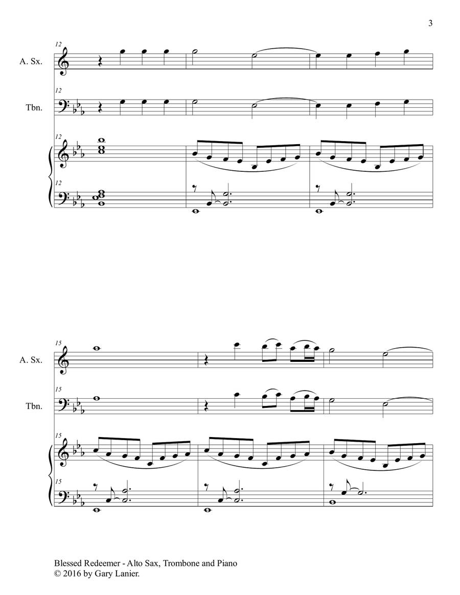3 FAVORITE HYMNS (Trio - Alto Sax, Trombone & Piano with Score/Parts) Trombone Duet scores gallery preview page 4