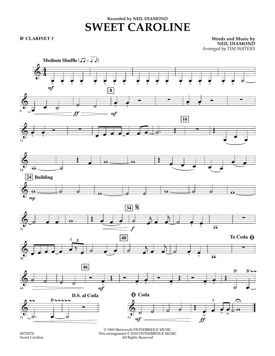 Sweet Caroline - Bb Clarinet 3 Concert Band scores gallery preview page 1