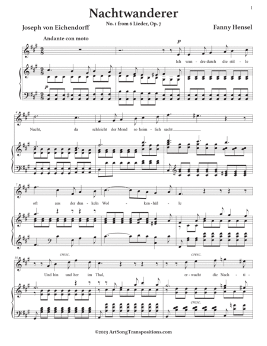 HENSEL: Nachtwanderer, Op. 7 no. 1 (transposed to A major, A-flat major, and G major) Piano, Vocal scores gallery preview page 2