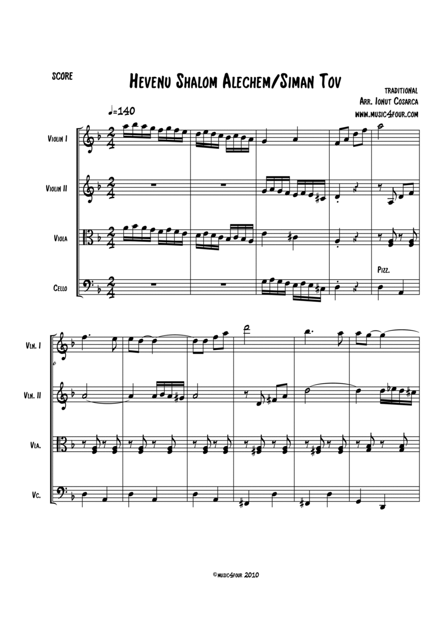 Hevenu Shalom Aleichem/Siman Tov String Quartet scores gallery preview page 1