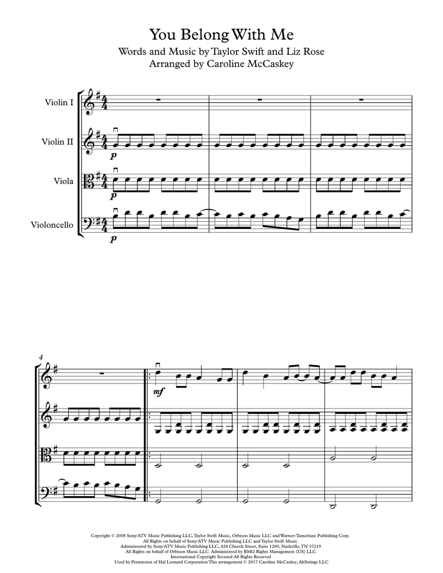 You Belong With Me String Quartet scores gallery preview page 2