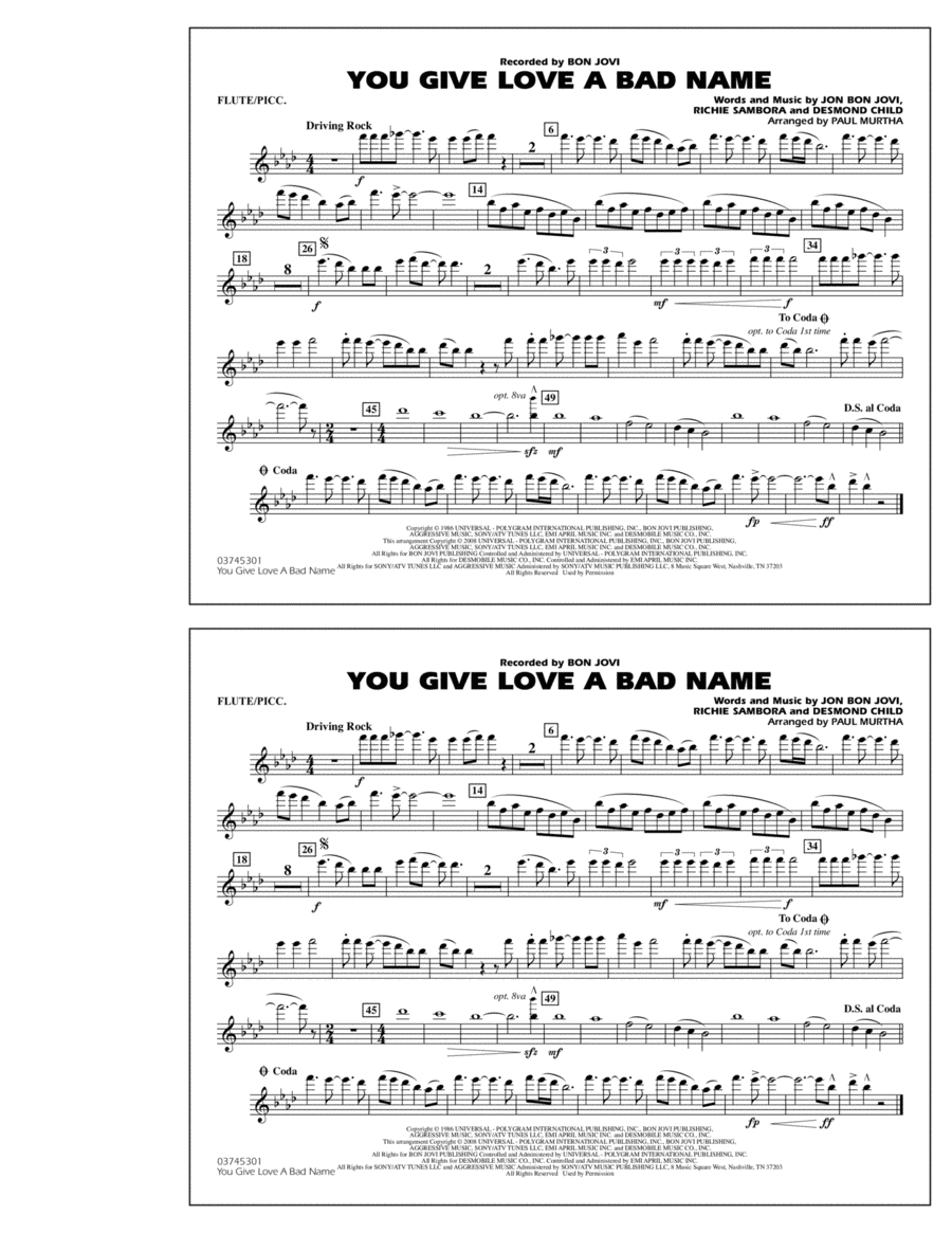 You Give Love a Bad Name - Flute/Piccolo Marching Band scores gallery preview page 1