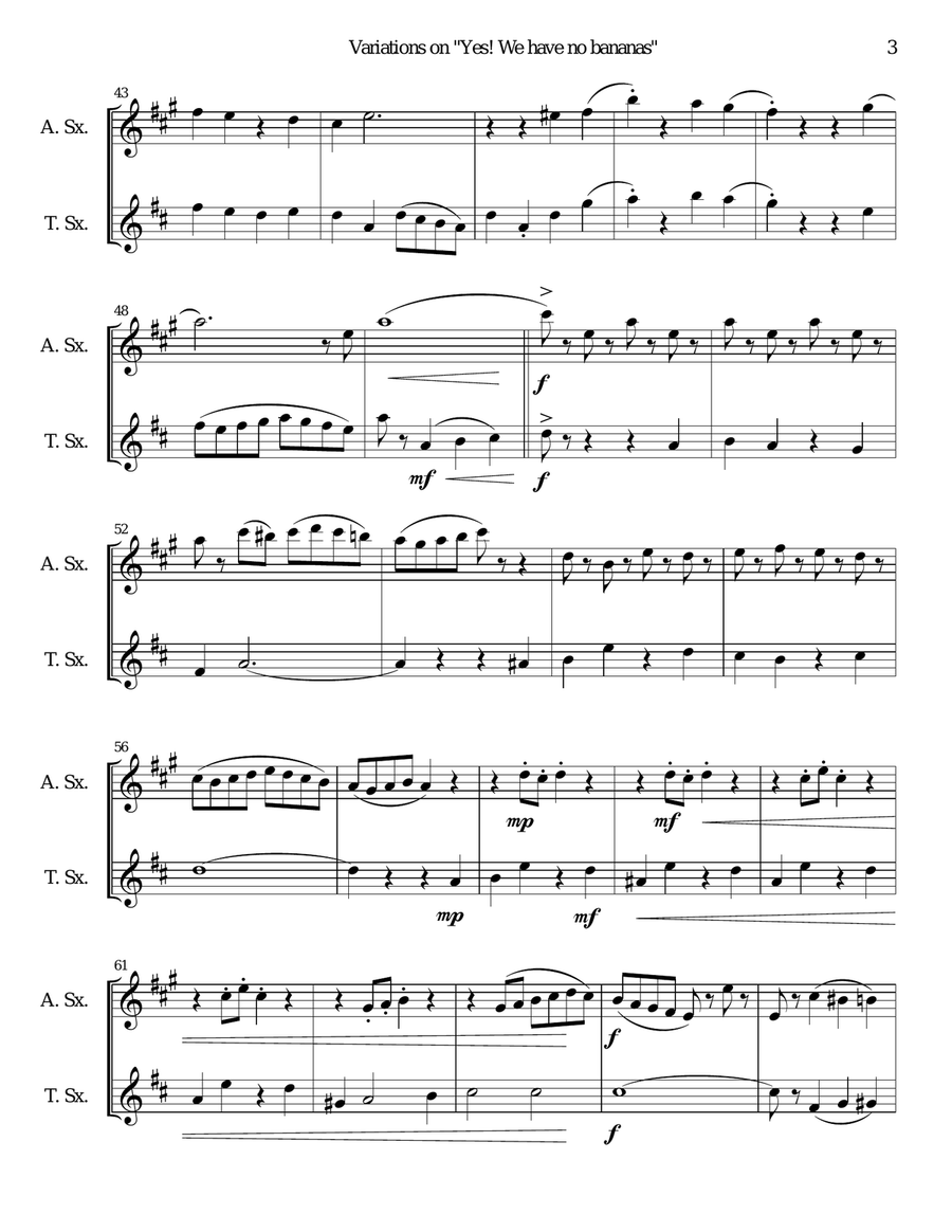 Variations on Yes We Have No Bananas for alto and tenor saxophones Woodwind Duet scores gallery preview page 3