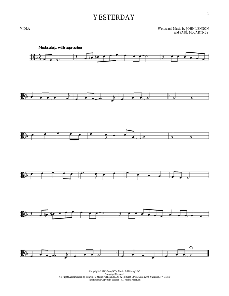 Yesterday Viola Solo scores gallery preview page 1
