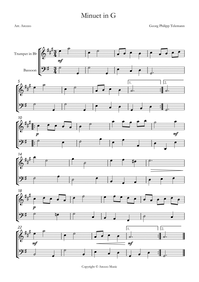 telemann twv 32:13 minuet in g Trumpet and Bassoon sheet music image number null