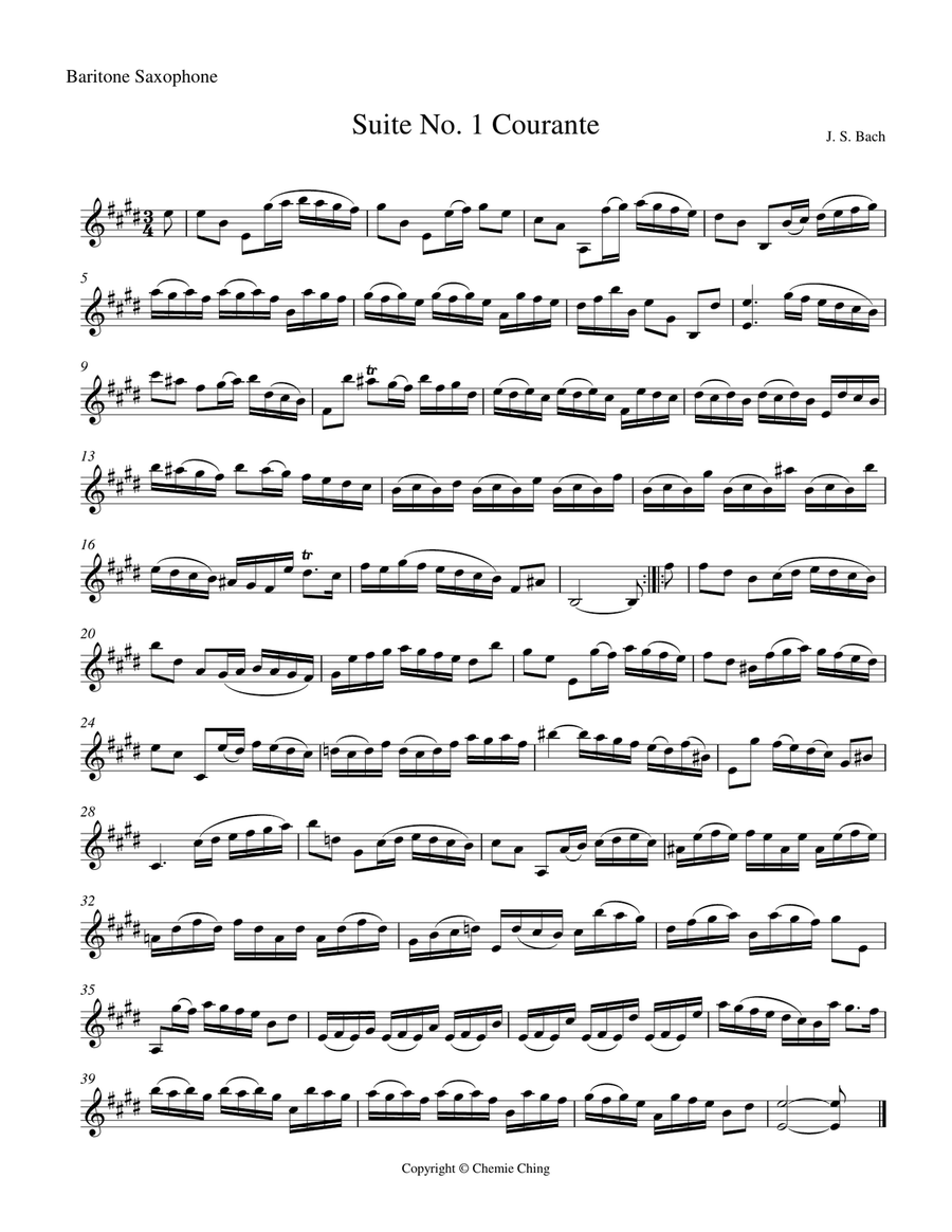 J.S. Bach - Cello Suite No.1 in G major, BWV 1007 - III. Courante arranged for Baritone Saxophone Baritone Saxophone scores gallery preview page 1