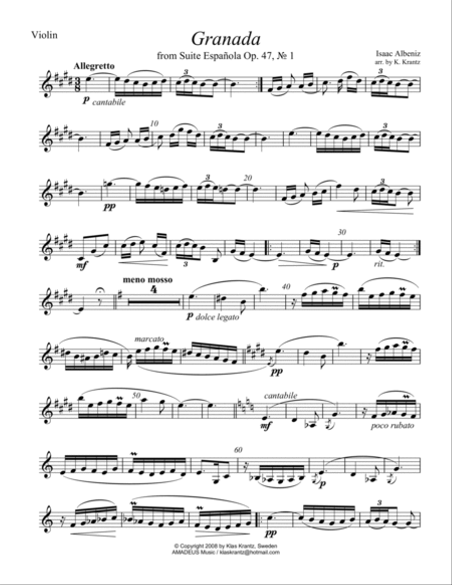 5 pieces by Albéniz for violin and guitar (Granada, Sevilla, Córdoba, Cadiz, Rumores de la Caleta) String Duet scores gallery preview page 6