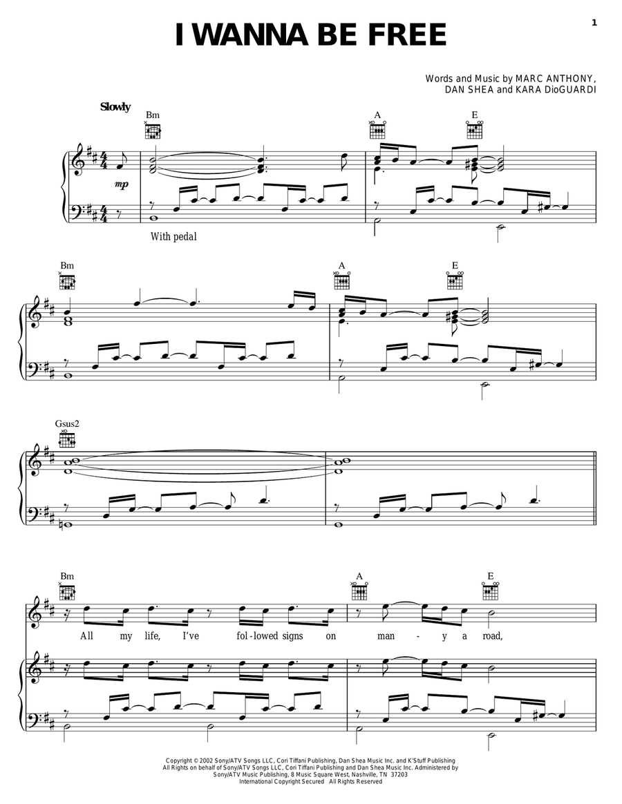 I Wanna Be Free Piano, Vocal, Guitar scores gallery preview page 1