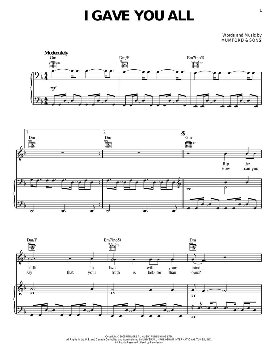 I Gave You All Piano, Vocal, Guitar scores gallery preview page 1