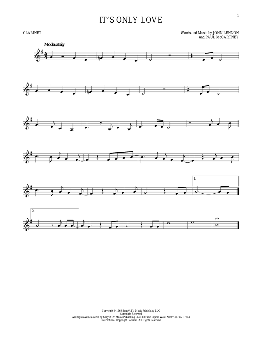 It's Only Love Clarinet Solo scores gallery preview page 1