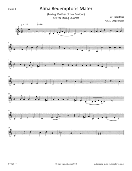 Palestrina: Alma Redemptoris Mater arr. for String Quartet image number null