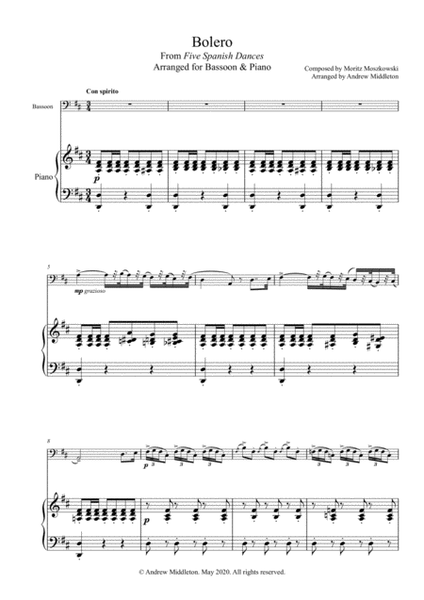 Bolero from Five Spanish Dances arranged for Bassoon and Piano image number null