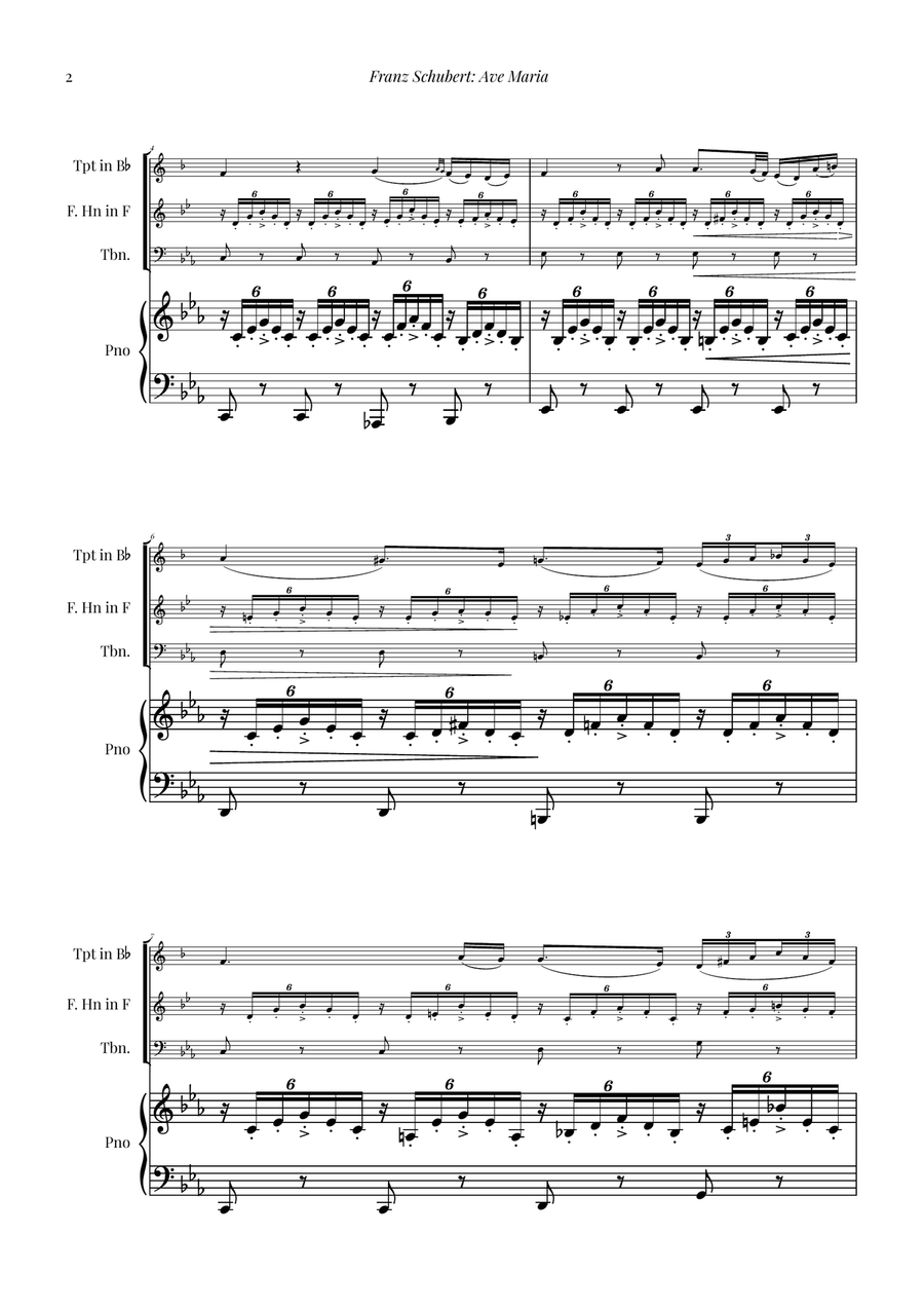 Ave Maria by Schubert for Brass Trio (Trumpet, French Horn, Trombone) with Piano Brass Trio scores gallery preview page 2