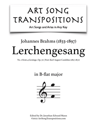 Book cover for BRAHMS: Lerchengesang, Op. 70 no. 2 (transposed to B-flat major)