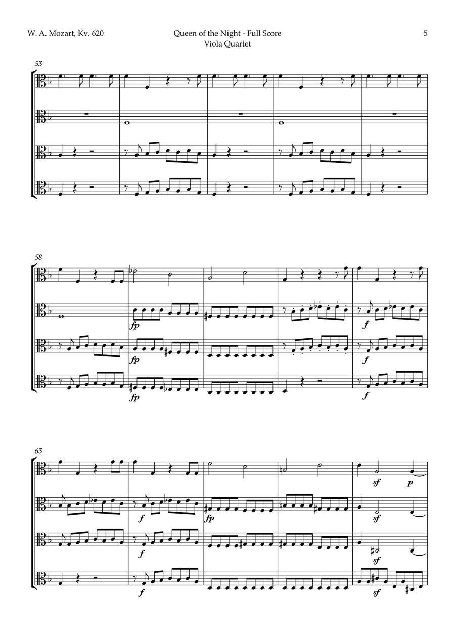 Queen of the Night Aria by Mozart for Viola Quartet String Quartet scores gallery preview page 5