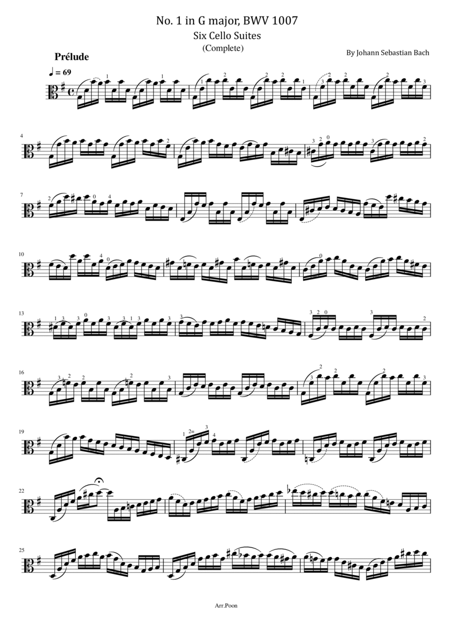 Bach - 6 Cello Suites - No.1 in D minor, BWV 1007 - Complete Original With Fingered Cello Solo scores gallery preview page 1