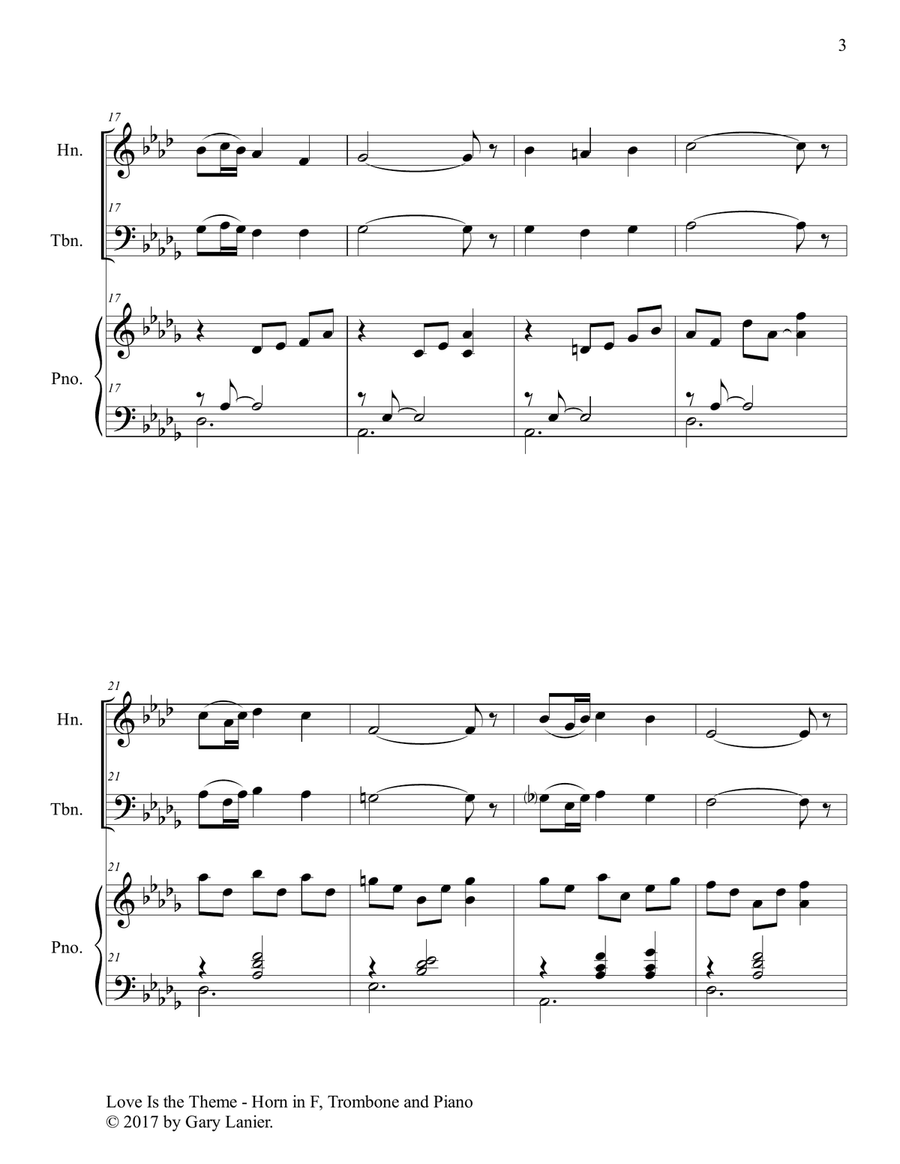 LOVE IS THE THEME (Trio – Horn in F, Trombone & Piano with Score/Parts) Brass Duet scores gallery preview page 4