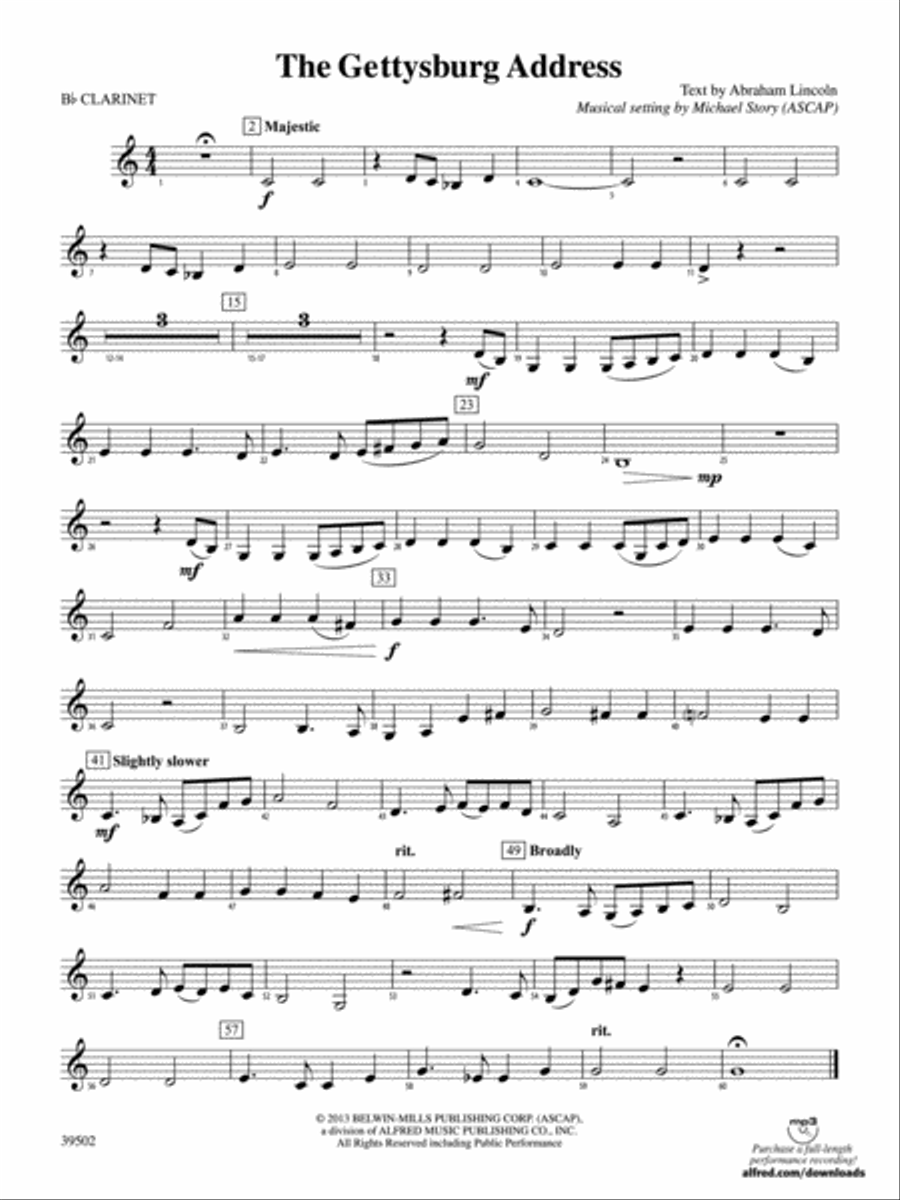 The Gettysburg Address: 1st B-flat Clarinet Concert Band scores gallery preview page 1