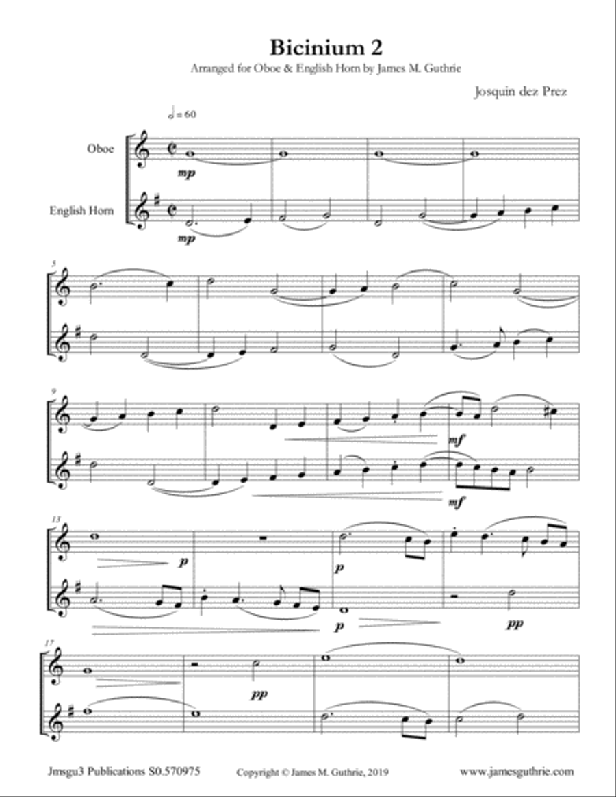Josquin: Bicinium 2 for Oboe & English Horn Duo Woodwind Duet scores gallery preview page 1