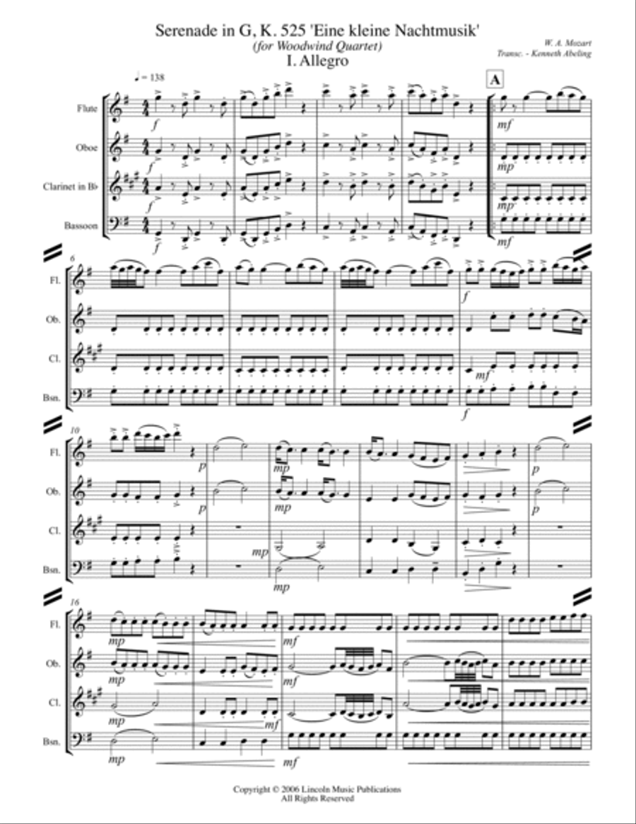 Mozart - Serenade in G, 'Eine kleine Nachtmusik' (for Woodwind Quartet) Woodwind Quartet scores gallery preview page 2