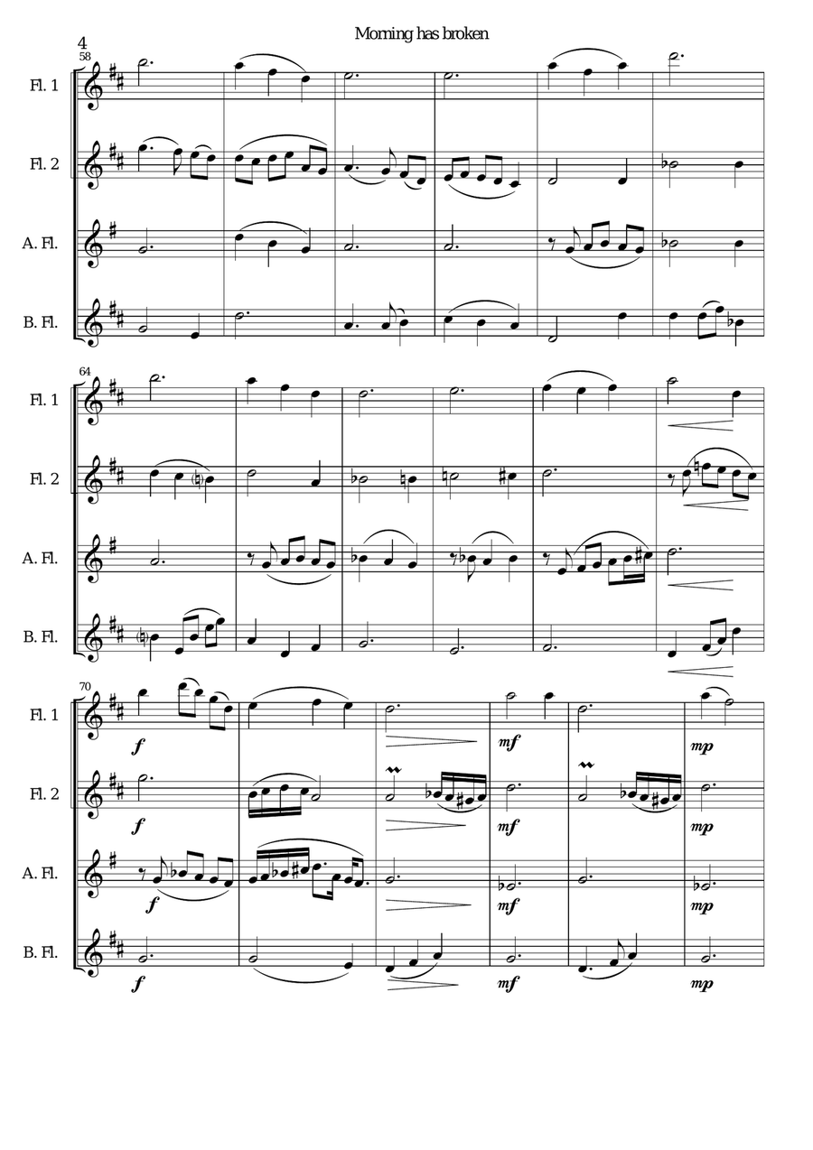 Variations on Morning has broken (Bunessan) for flute quartet Flute Quartet scores gallery preview page 4