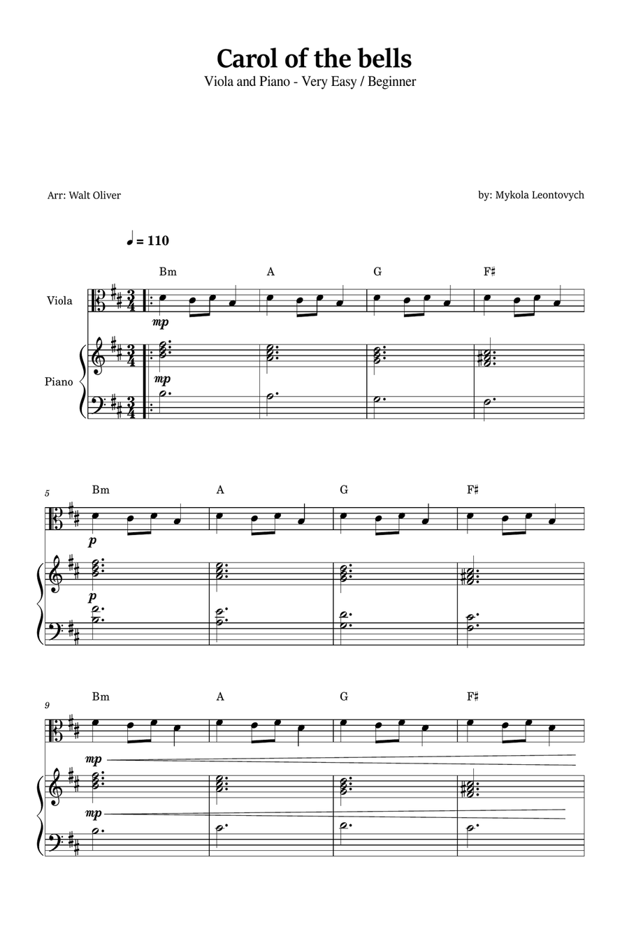 Carol of the Bells for Viola and Piano (Very Easy - Beginner) in B minor - With Chords Piano scores gallery preview page 1