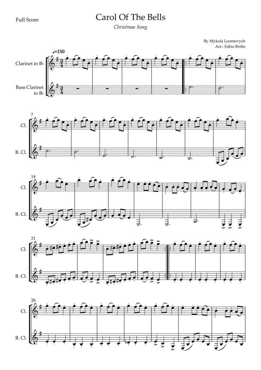 Carol Of The Bells (Christmas Song) for Clarinet in Bb & Bass Clarinet in Bb Duo (D Minor) Clarinet Duet scores gallery preview page 1