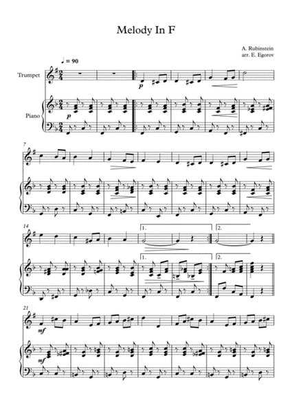 Melody In F, Anton Rubinstein, For Trumpet & Piano (arr. Eugene Egorov)  Sheet Music | Anton Rubinstein | Trumpet and Piano
