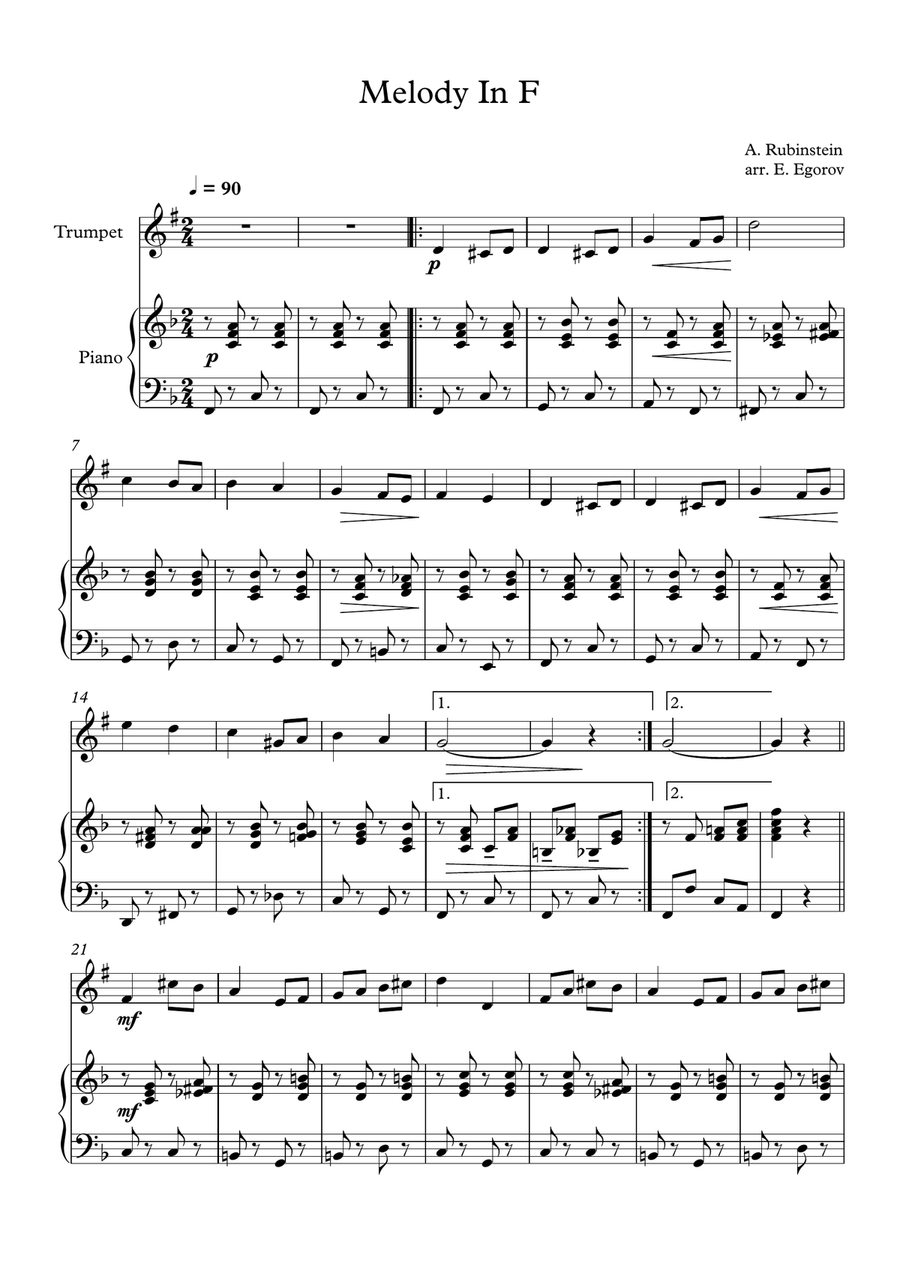 Melody In F, Anton Rubinstein, For Trumpet & Piano Melody In F, Anton Rubinstein, For Trumpet & Piano Trumpet Solo scores gallery preview page 1