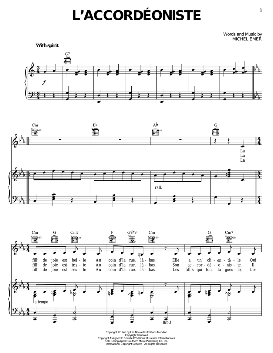 L'Accordeoniste Piano, Vocal, Guitar scores gallery preview page 1