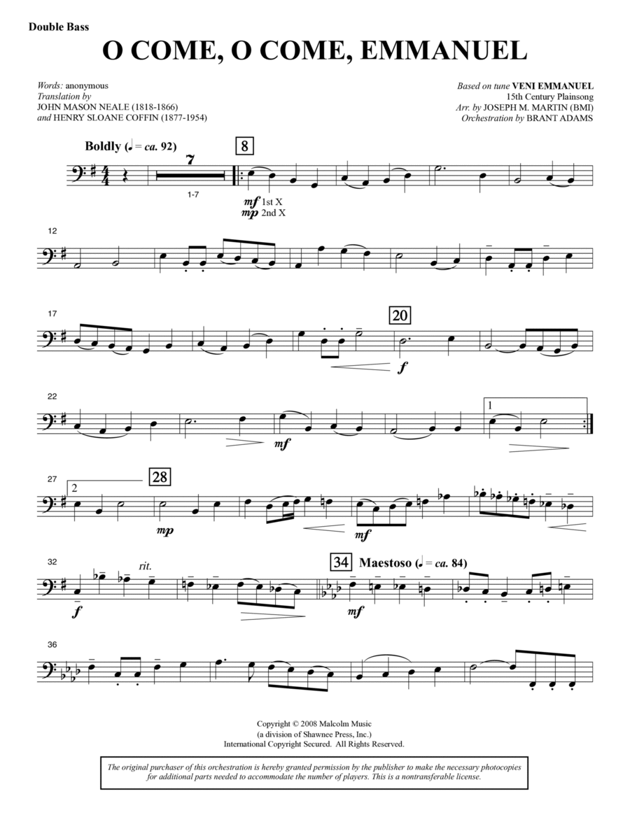 O Come, O Come, Emmanuel (from Carols For Choir And Congregation) - Double Bass