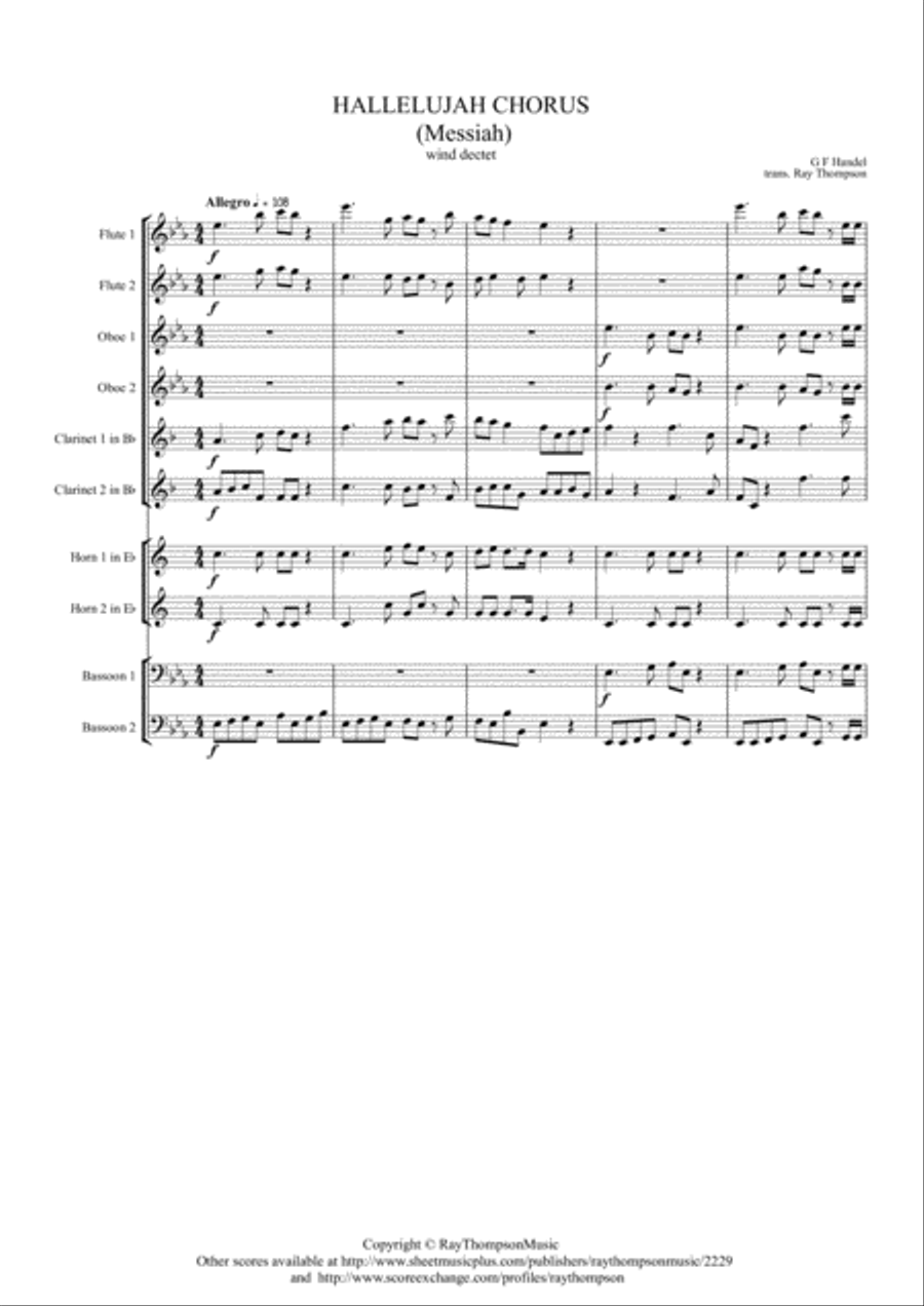 Handel: Messiah (Der Messias) Hallelujah Chorus (transposed into Eb)- wind dectet (10 players) Choir scores gallery preview page 1