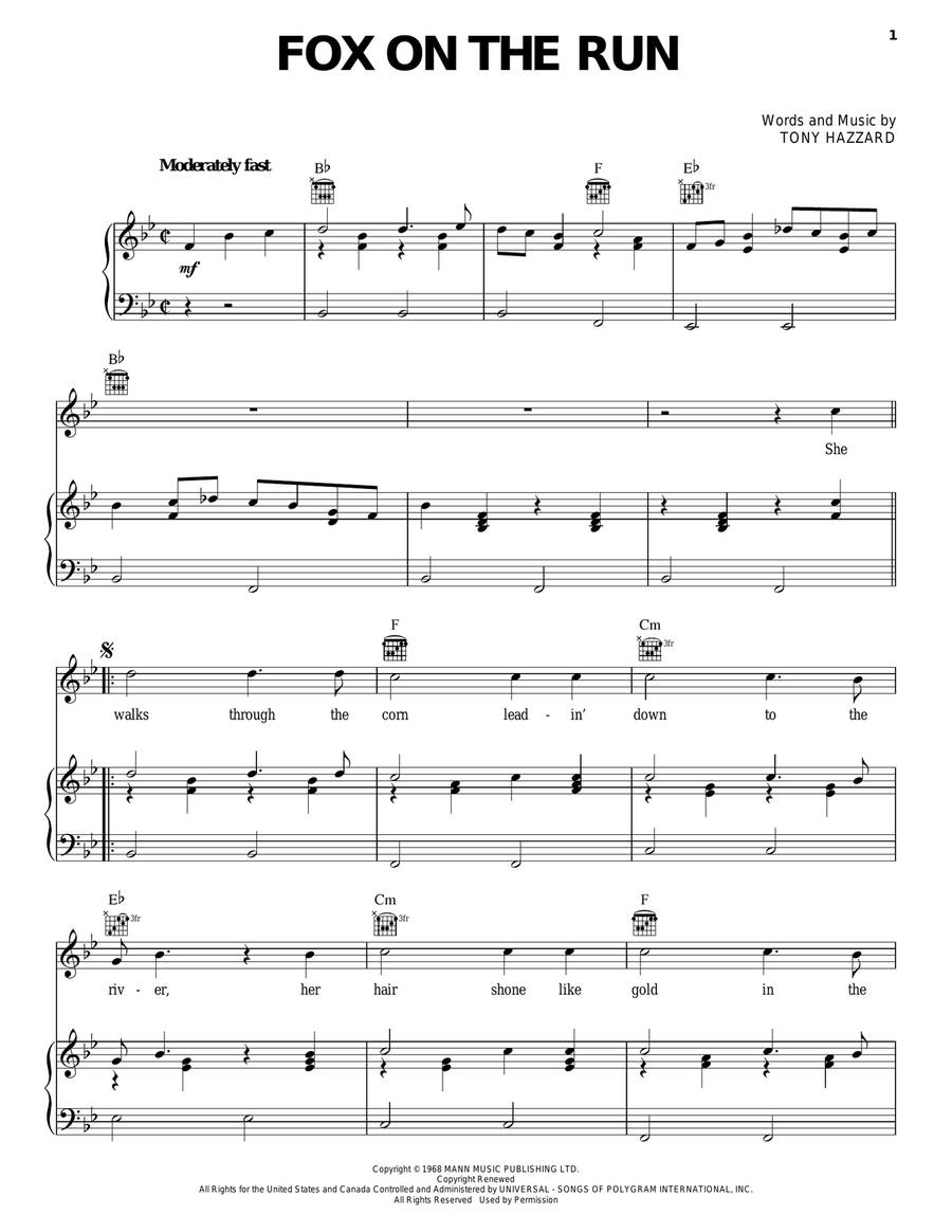 Fox On The Run Fox On The Run Piano, Vocal, Guitar scores gallery preview page 1