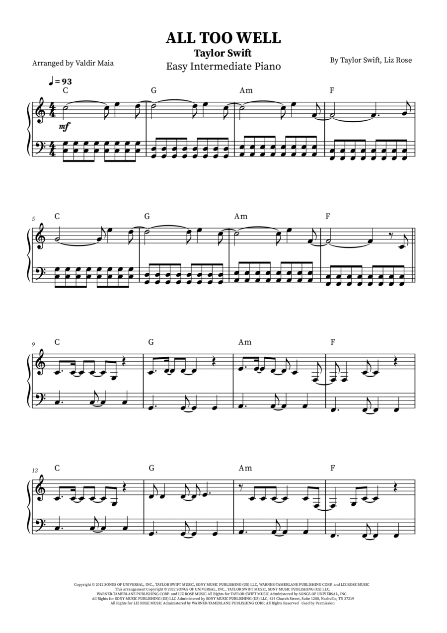 All Too Well Easy Piano scores gallery preview page 1
