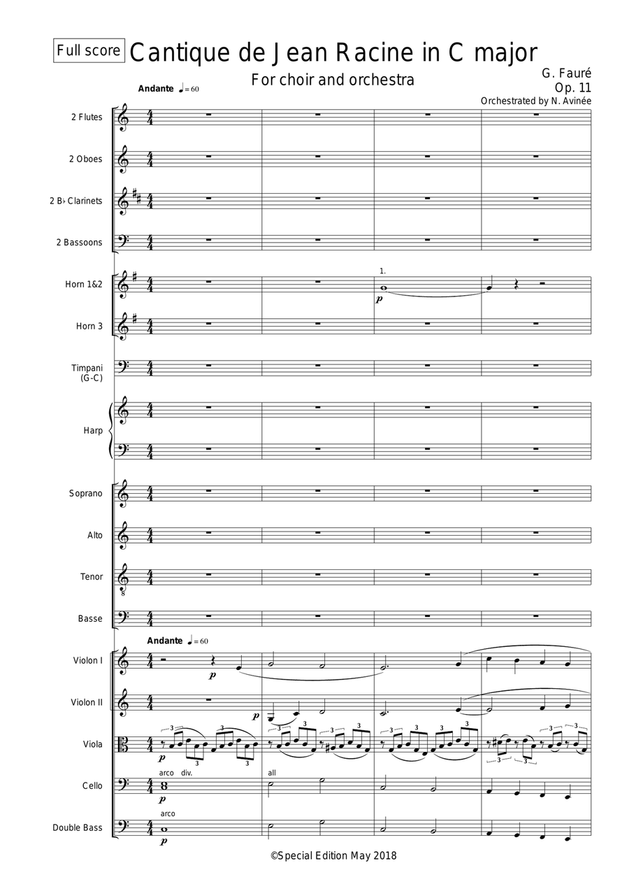 Faure - Cantique de Jean Racine in C major - Orchestra 4-Part scores gallery preview page 1
