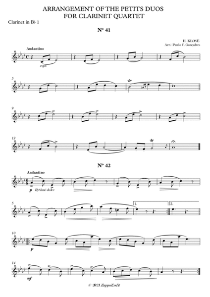 ARRANGEMENT OF THE PETITS DUOS FOR CLARINET QUARTET Nº 41 & 42 image number null