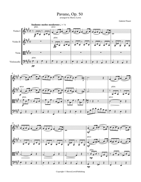 PAVANE Op. 50 by Fauré String Quartet, Intermediate Level for 2 violins, viola and cello image number null