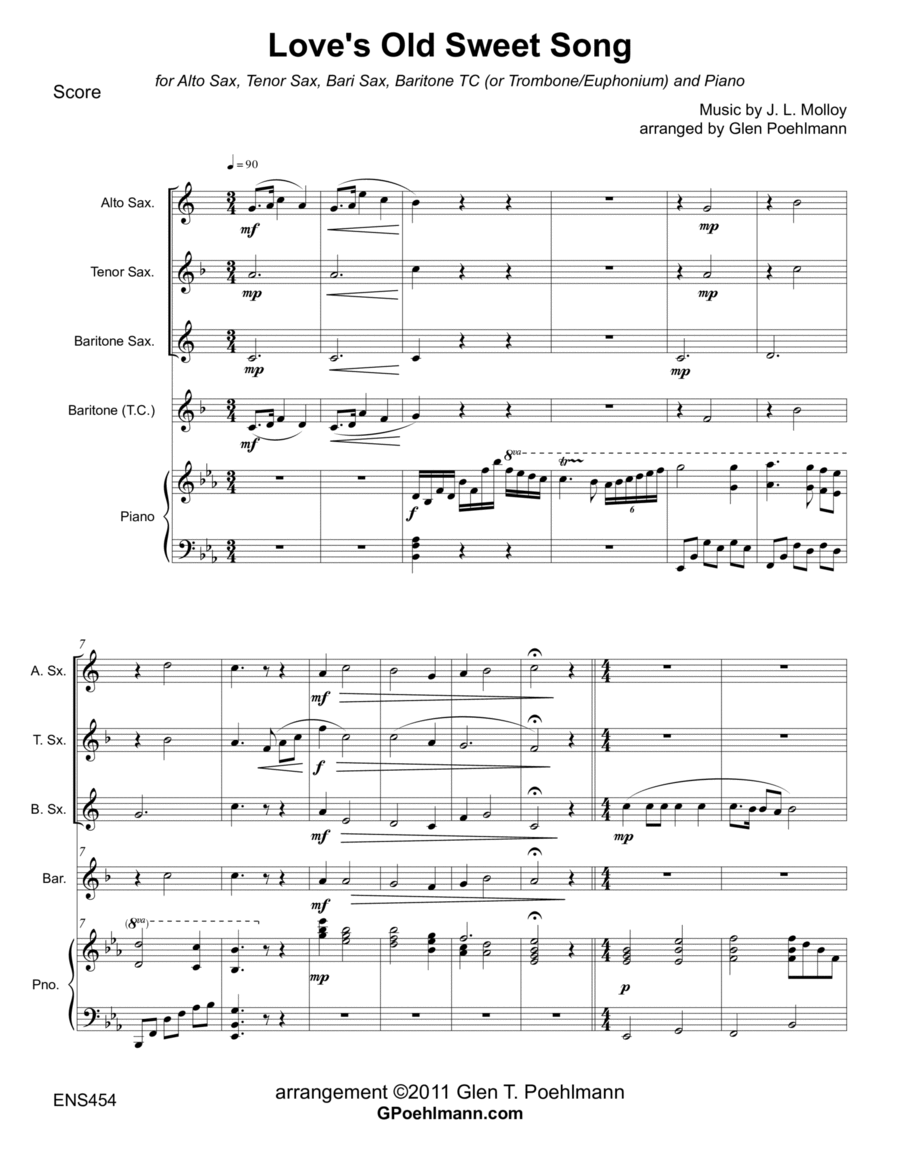 LOVE'S OLD SWEET SONG - Alto, Tenor, Bari Sax and Trombone/Baritone TC with Piano Small Ensemble scores gallery preview page 1