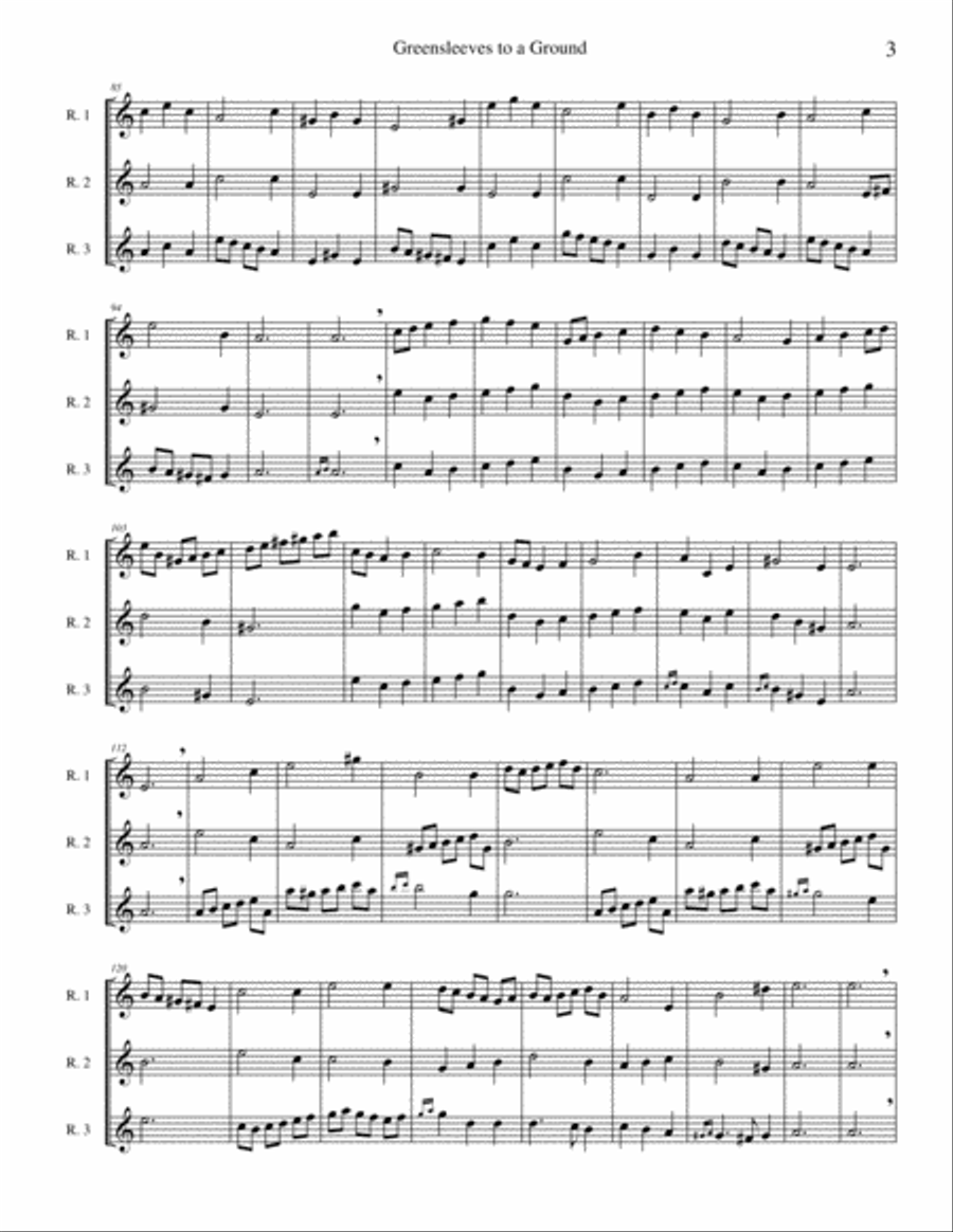 Greensleeves to a Ground - recorder or flute trio Small Ensemble scores gallery preview page 3